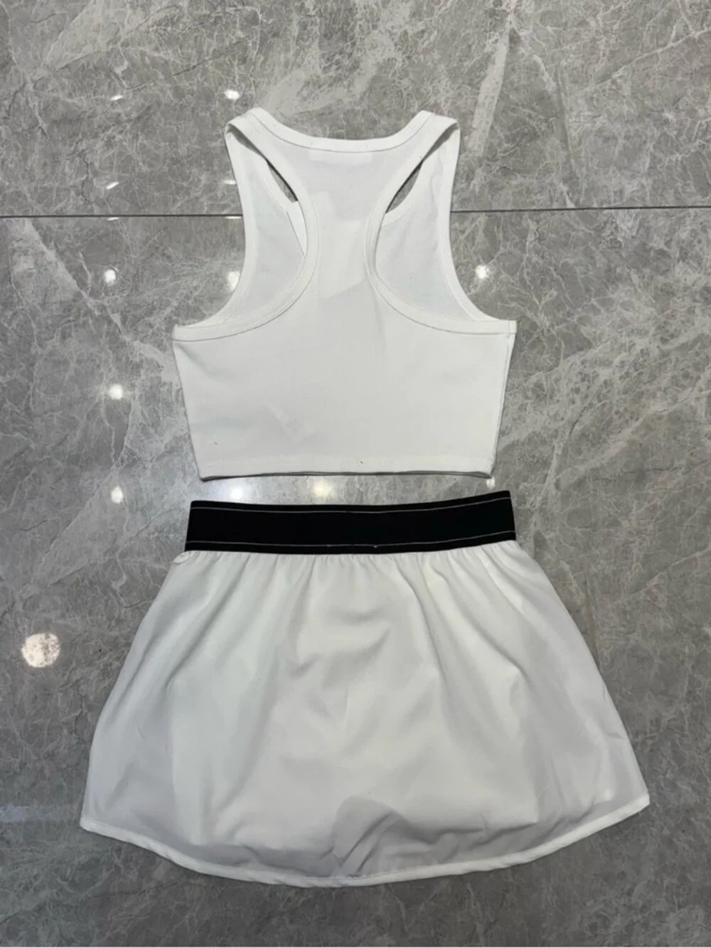 ALO Yoga White Crop Tank and White Skort with Black Waistband